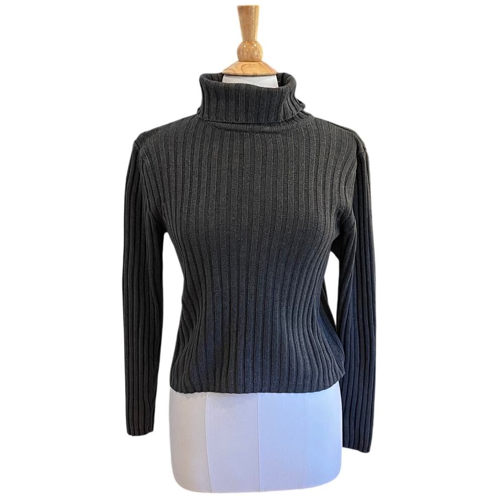 Jamie Scott Charcoal Gray Ribbed Knit Turtleneck Sweater, 100% Cotton, Size M